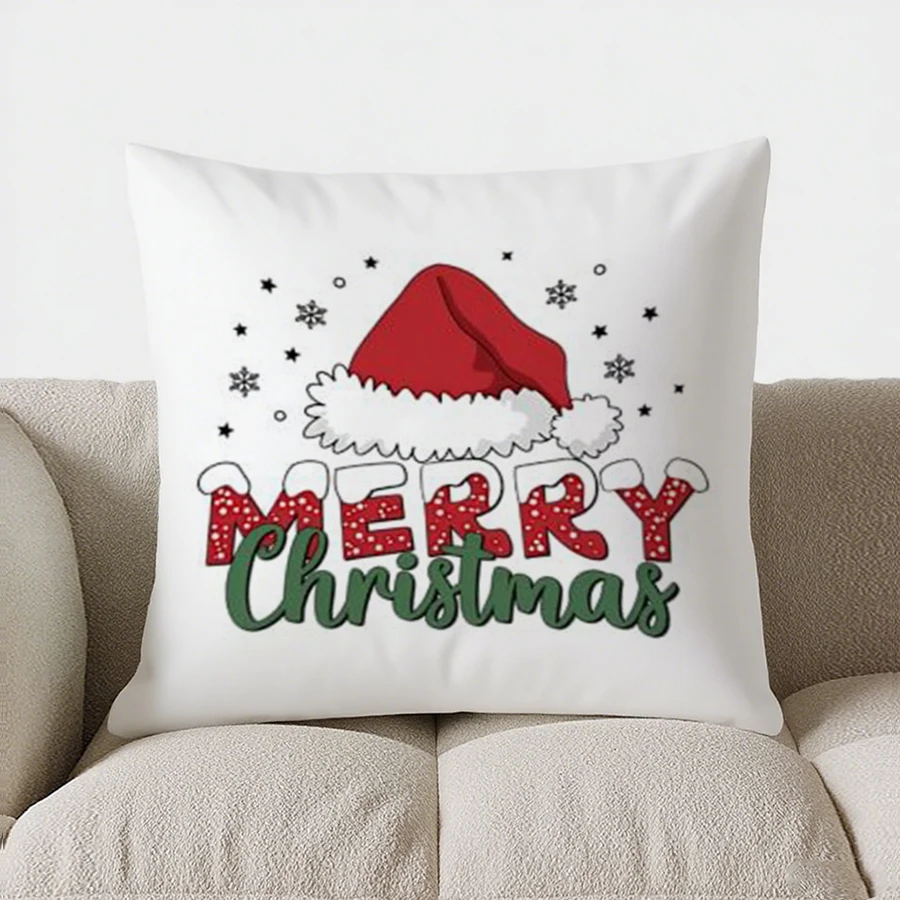 

Merry Christmas Santa Hat Decorative throw pillow cover with short plush print for living room sofa decoration cushion cover