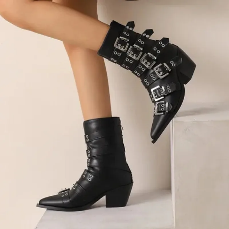 2025 Women\'s Fashion Pointed Punk Style Belt Buckle Pullback Short Boots European and American Sexy Nightclub Banquet Boots