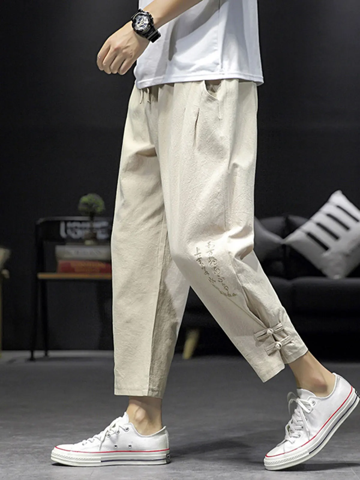 

New Chinese Sle Men's Summer Thin Cotton Linen Pants Embroidered Straight Leg Loose Fit Nine Point Casual Trousers