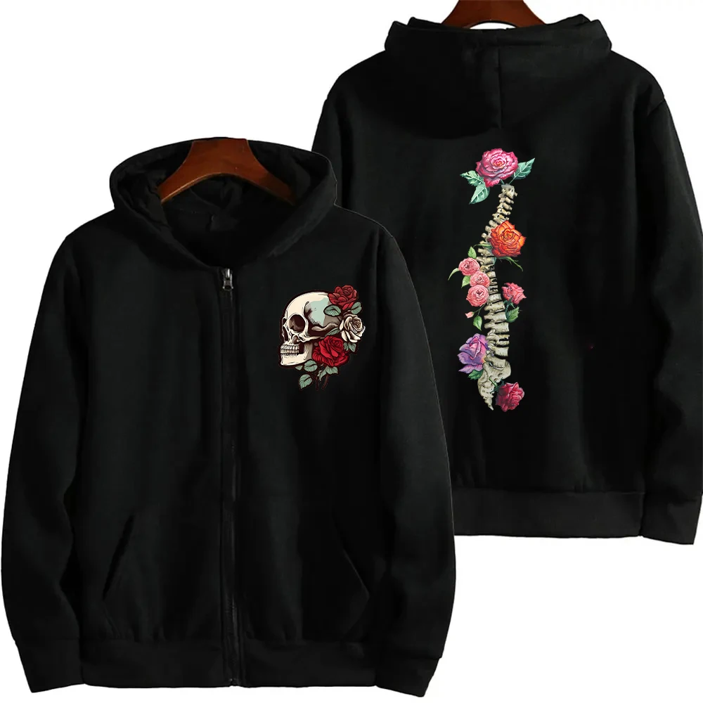 Women\'s Casual Zip Up Hoodies Autumn Winter New Gothic Skull with Roses Spine Dark Aesthetics Sweatshirt Pullover Zip Sportwear