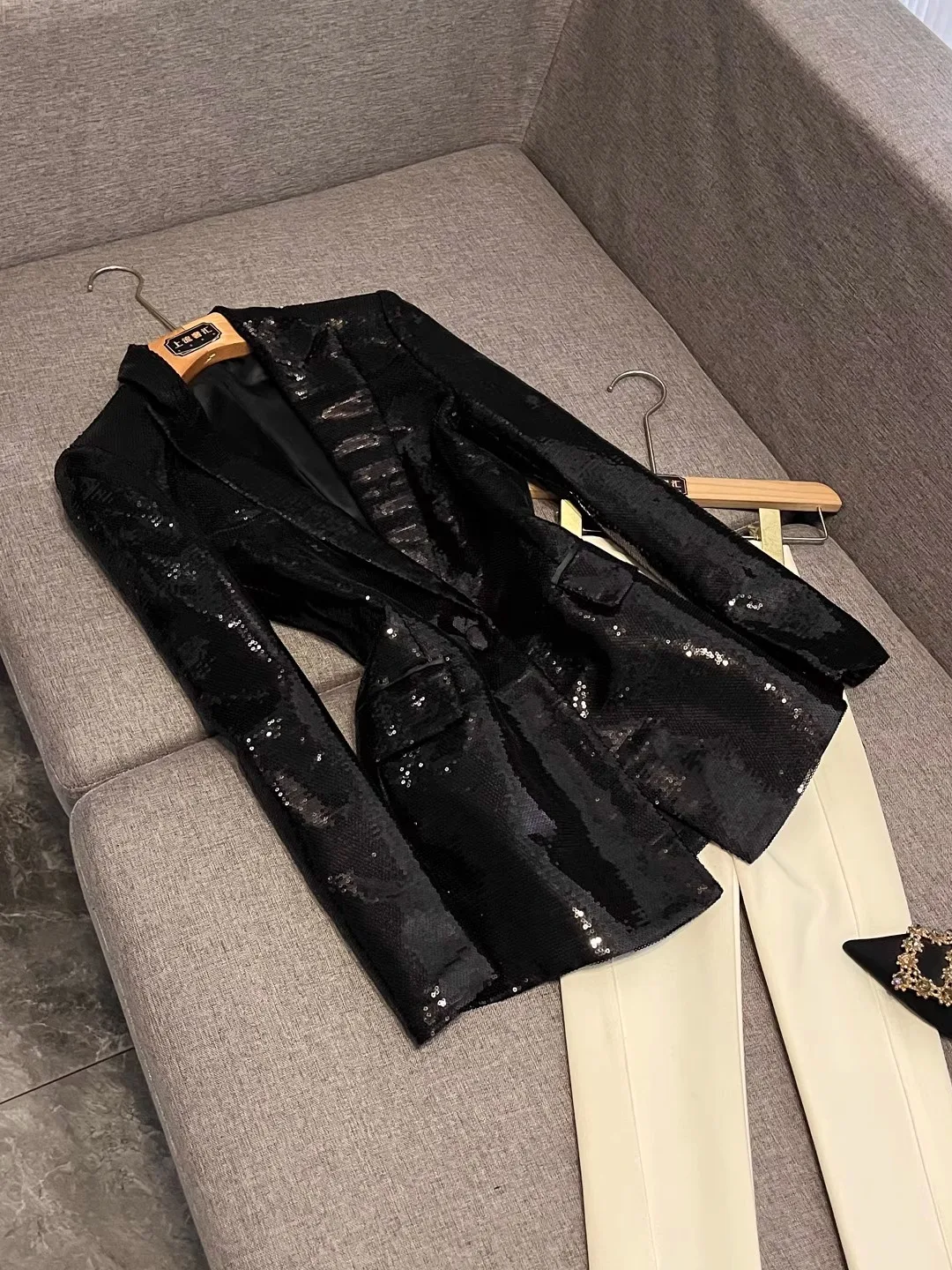 

2025 New Bla Blingbling Sequin One Button Loose Suit Jaet Star Faion Single Button Sle Commute Wind Long Sve