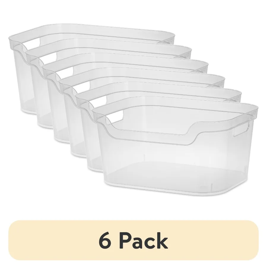 

6 Pack Large Clear Plastic Open Bin with Scoop Front for Easy Access Transparent Storage Organizer for Home, Office or Kitchen