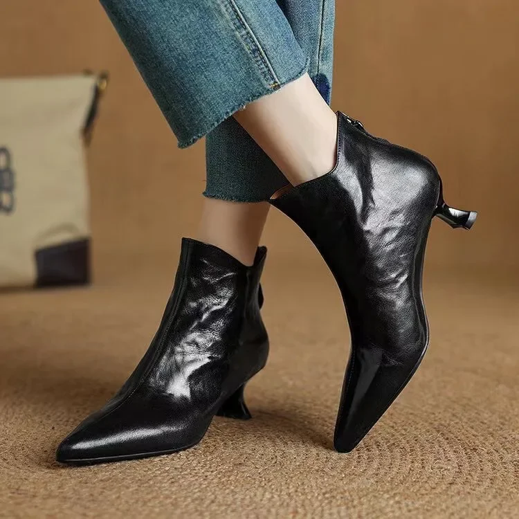 Vintage Spitze Damen Stiefeletten Mode Dickabsatz Schuhe Schlichte Kurze Botas De Mujer – Detail 5