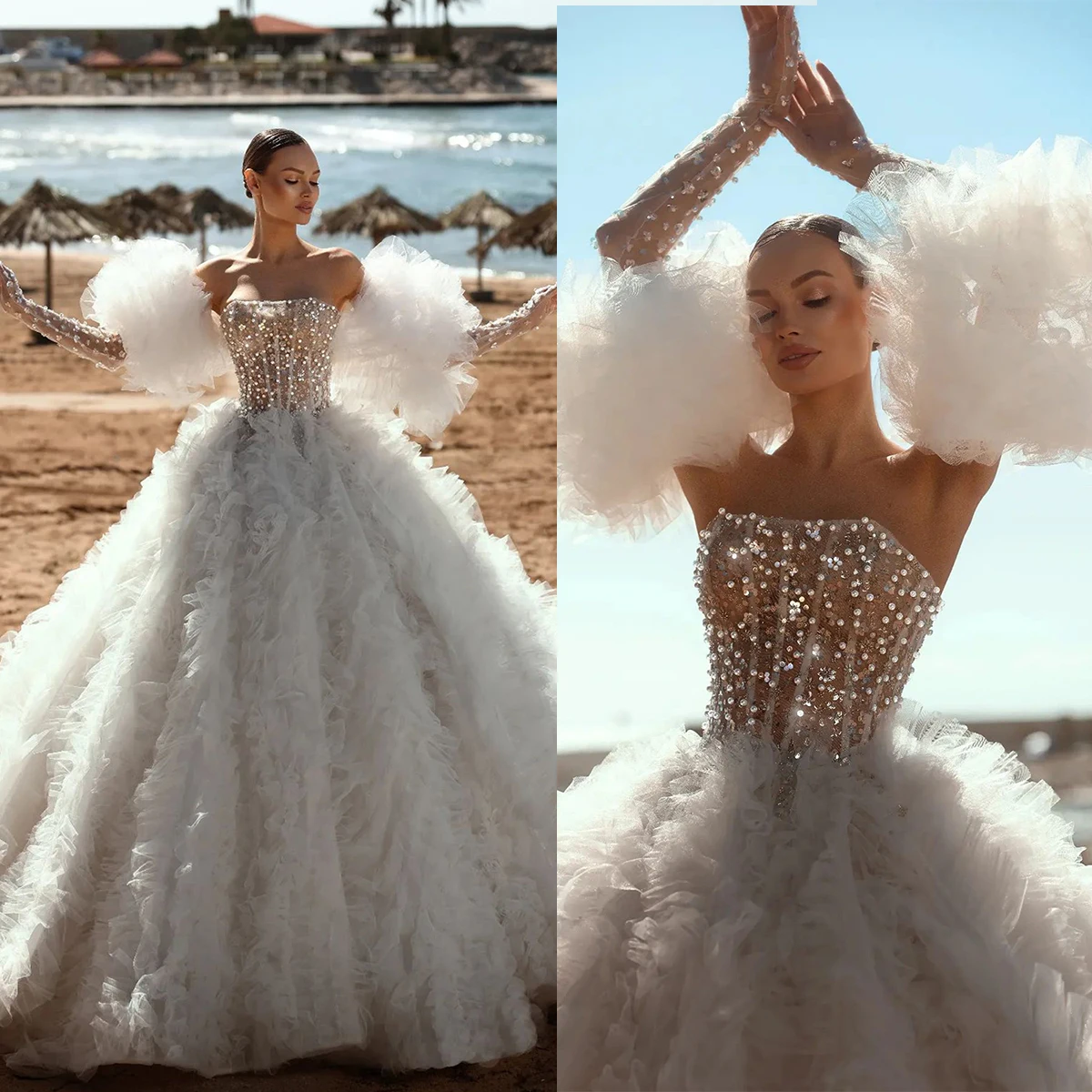 Elegant Strapless Pearls Wedding Dresses Sequins Bridal Gowns Custom Made Ball Gown Ruffle Train Robe De Mariee