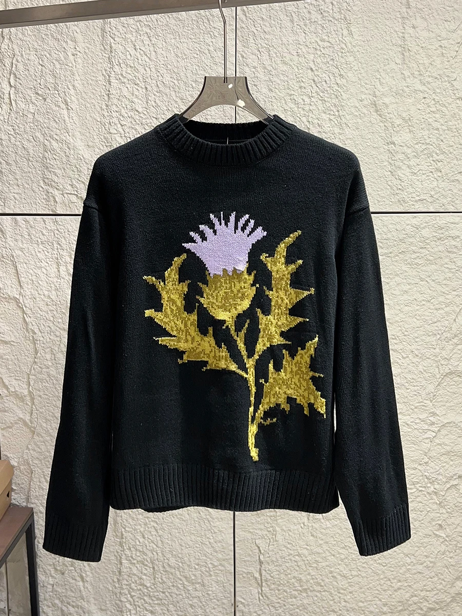 

Soft Comfortable Men's Knitted Sweater round Neck Casual Fashion Autumn Winter All-Match Tassel Flower Pattern Warm Polyester