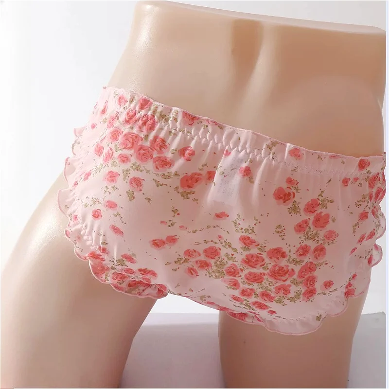 Sweet Pouch Briefs Mens Sexy Underwear Pink Kawaii Lace Soft Men Panties Printed Mesh Summer Seamless Convex Pouch Underpants