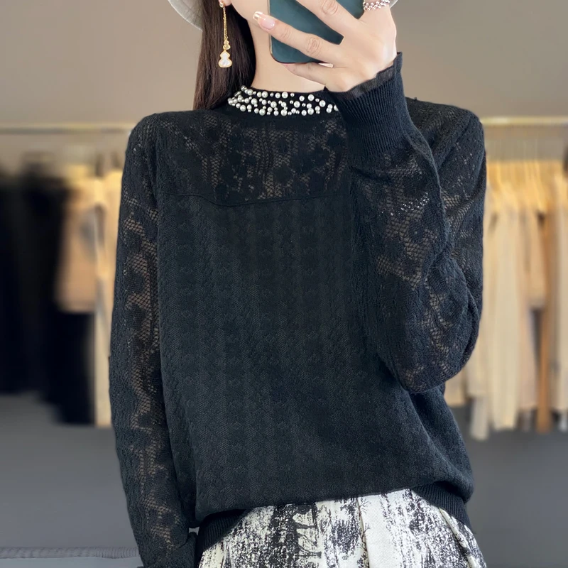 In summer, the new women\'s 100% pure woolen sweater knitted short sleeve casual loose female pearl collar loose fashion shirt.