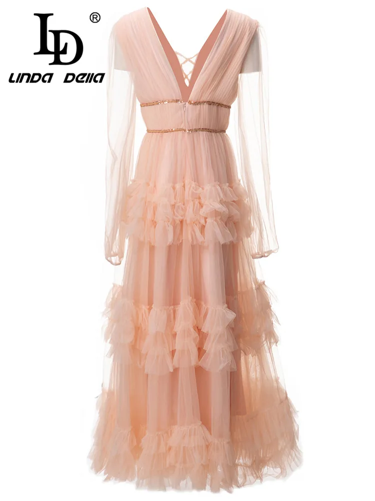 

LD LINDA DELLA Summer New Style Fashion Runway Dress Women's V-Neck Sequin Cascading Ruffle Splice Draped Lace Transparent Dress