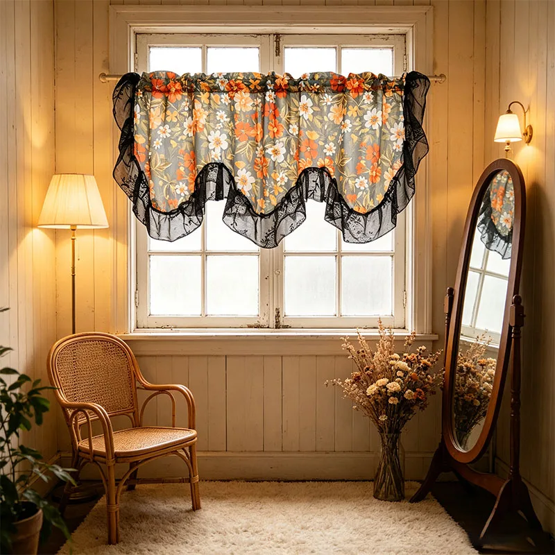 1pc French Country Floral Wavy Short Curtain, Black Lace Ruffled Tier Valance, Light Transparent Terylene Small Window Curtain