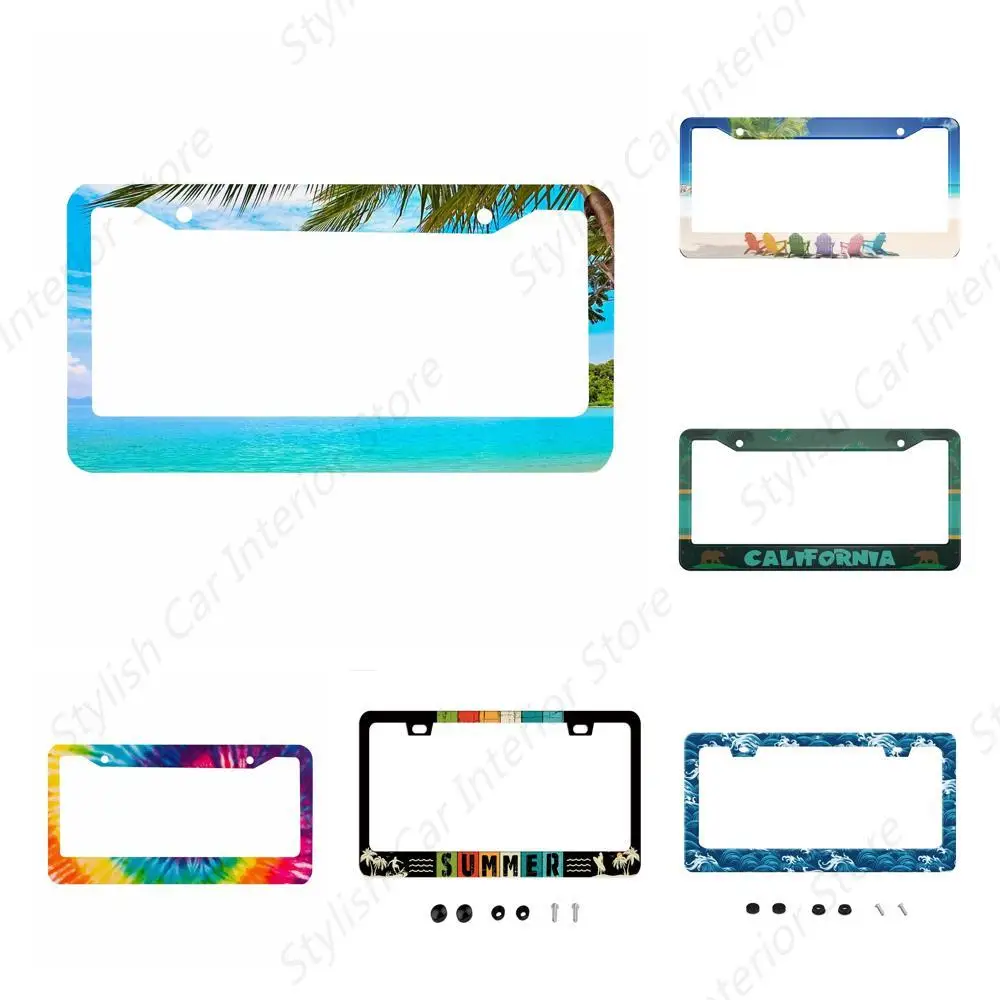 Beach Decorative License Plate Frame Ocean Palm Trees Waves Car Tag Frame Aluminum Auto License Plate Holder for Men Women