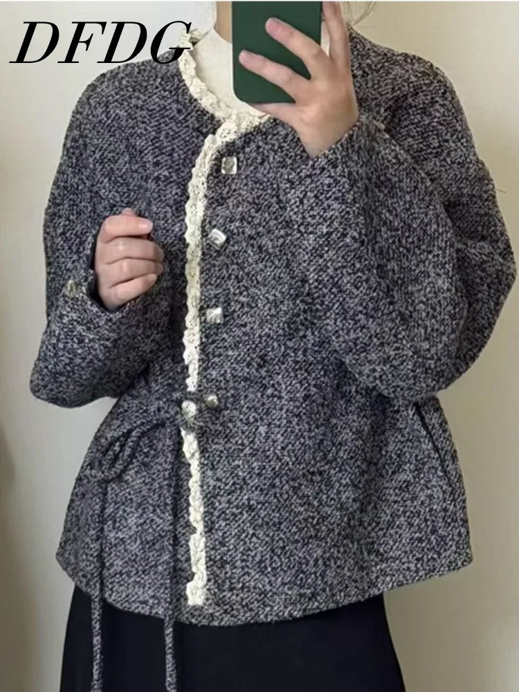 

DFDG 2025 FW Women’s Reversible Cashmere Coat Lace Trim Round Neck Belted Trench Double-Faced Wool Blend Thermal Winter Coat