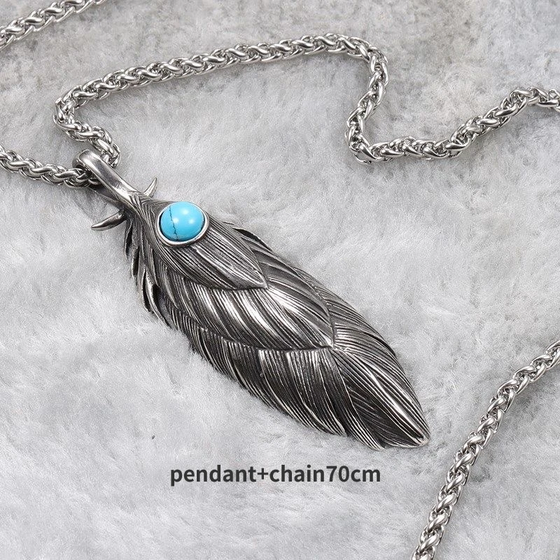 New Style Vintage Viking Lake Blue Stone Inlaid Metal Feather Pendant Necklace Men Punk Rock Biker Jewelry gift