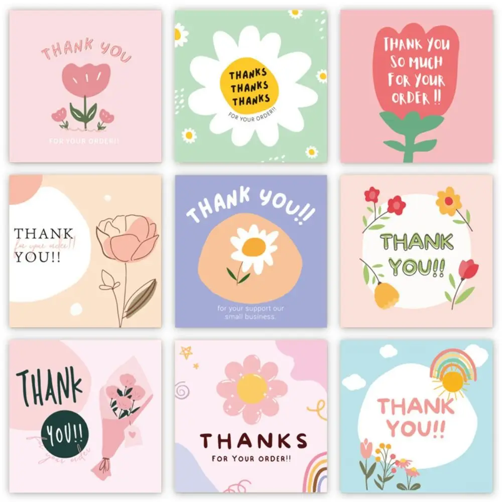 50PCS Thank You Cards Cartoon Flower Gratitude Labels Multicolor Greeting Postcards Event Ornament Home Decorations 6cm*6cm