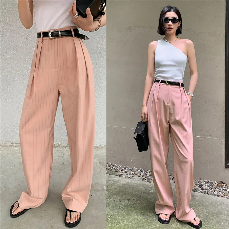 Women Suit Pants 2025 Spring Autumn New Minimalist Pants Vertical Stripe Wide Leg Sleek Business Casual Women's High Waist Pants