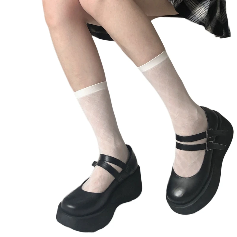 Women Sheer Silky Socks Rhombus Diamond Plaid Patterned Mesh Calf Hosiery