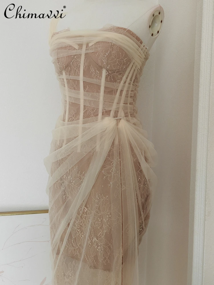 

French Elegant Socialite Evening Party Dresses High Waist Fishbone Slim Fit Bodycon Mesh Patchwork Long Dress for Women Summer