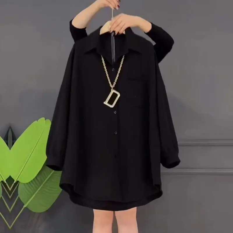 2023 Spring Autumn Fashion Solid Color Loose Midi Blouse Streetwear Pockets Women\'s Clothing Casual Single-breasted Lapel Shirt