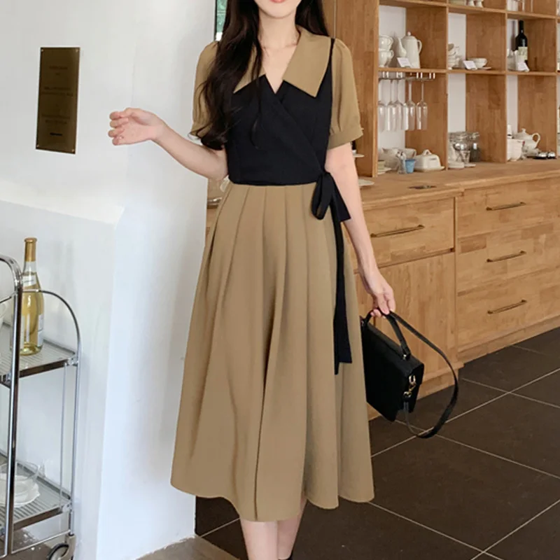 

French Style fake two-piece Pleated dress Women Short Sleeve Party Fashion Color block Maxi Dresses Vintage Summer bodycon Dress