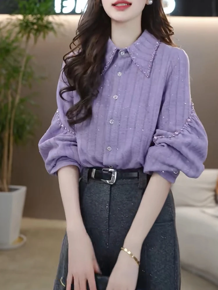 

Ele Oversized Lantern Sve irt Spring 2025 European Sle Large Size Faionable Beaded Top High-End Feel Loose Fit