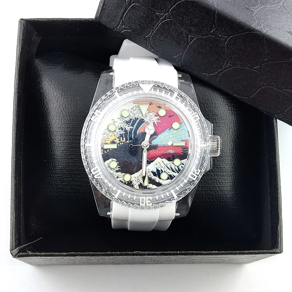 Orologio meccanico automatico con cassa in plastica trasparente luminosa, vetro acrilico da 40 mm, movimento NH35, orologio di lusso da uomo impermeabile 5ATM