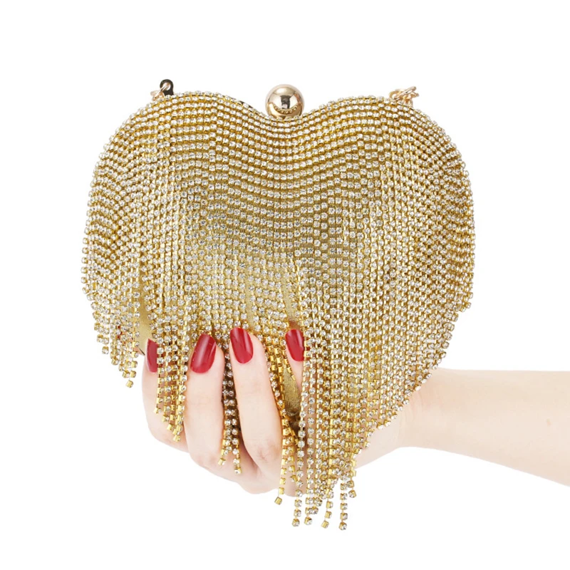 Rhinestone Clutch Heart Shape Luxury Tassel Evening Purse Bag Diamond Wedding Party Handbag Sliver Gold Sling Shoulder Bags 2023