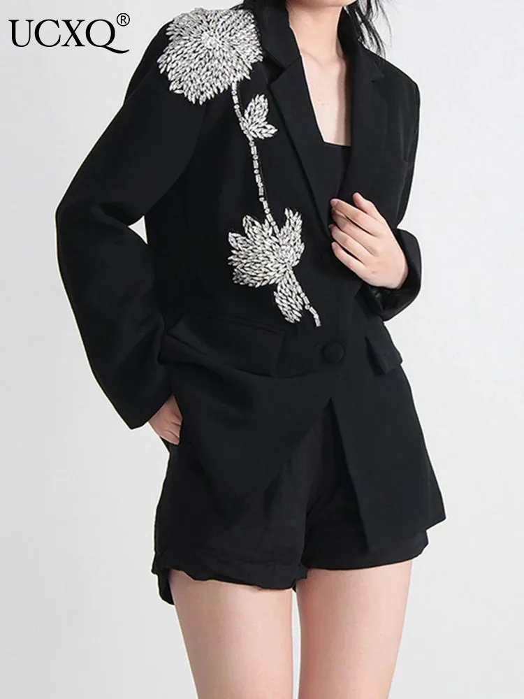 UCXQ Fashion Street Jacket European Style Diamond Studded Single Breasted All Match Blazer Coat Women 2024 Spring Autumn 23C1032