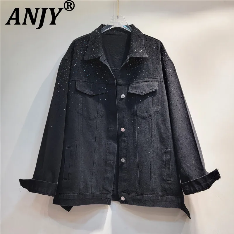 

ANJY Autumn New Women Denim Jacket Heavy Craft Studded Diamonds Pockets Single Breasted Casual High Street Dark Chic Coats A8774