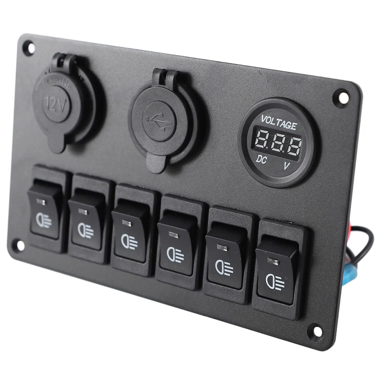 USB Charging ABS 12V 24V 6 Gang Rocker Switch Panel Dual USB Waterproof Circuit Breaker Blue LED Car Marine Boat Control Switch