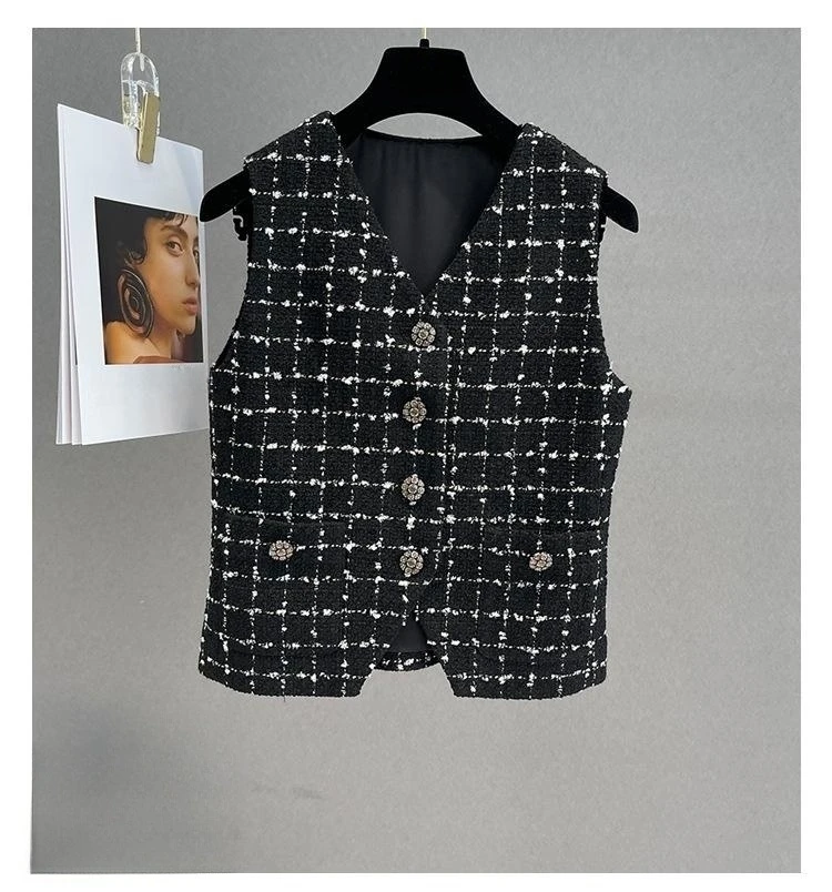 

2023 Autumn Fashion Women's High Quality Wool-blend Black Plaid V-neck Tweed Vest Waistcoat F069