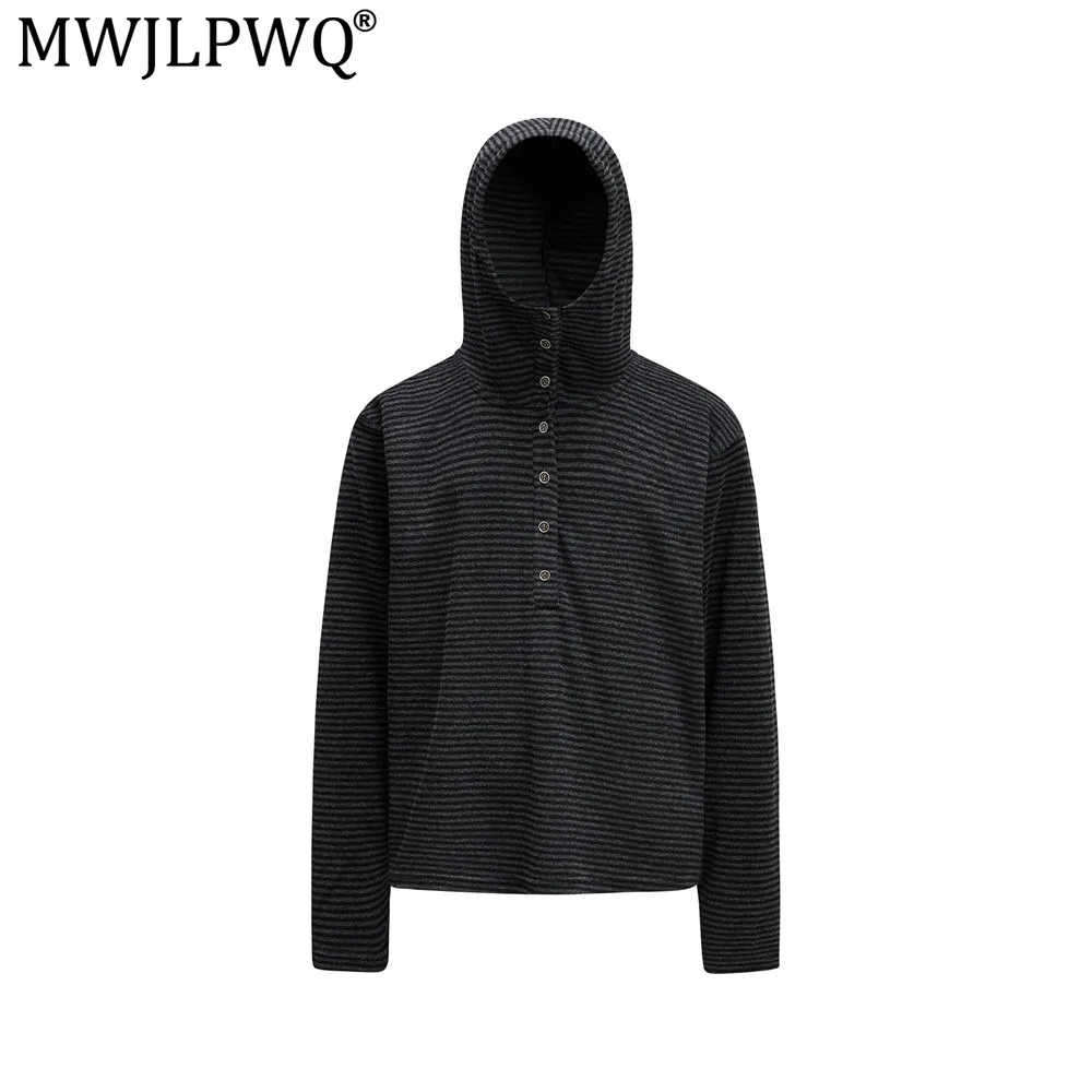 MWJLPWQ American Retro Striped Hooded Sweatshirt Men Spring Autumn Vibe Tide Street Pullover Buttoned Half-Open Collar Top 20502