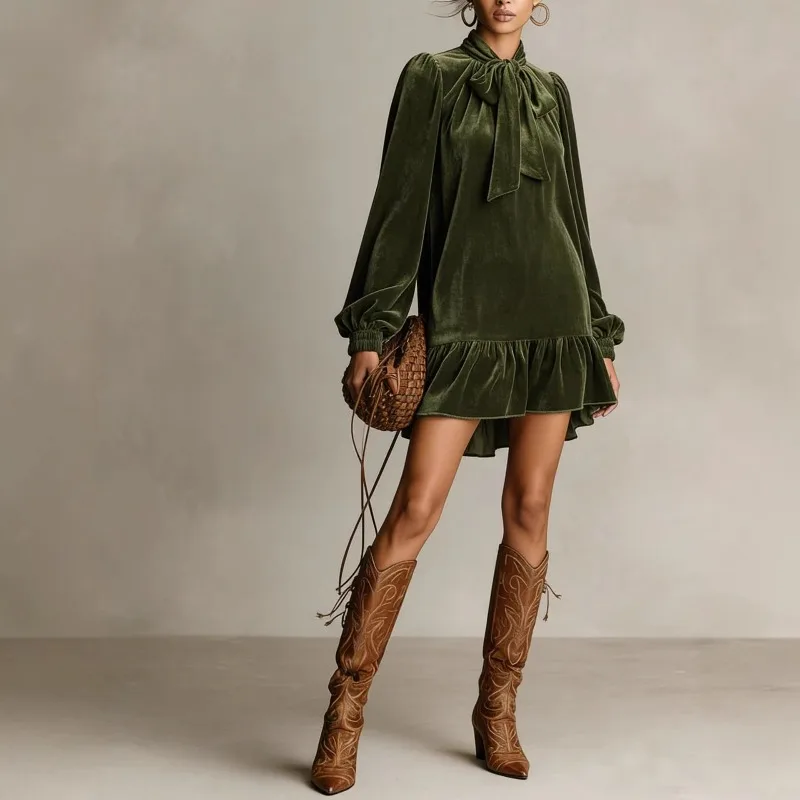 

Women Vintage Dress Summer Ladies Vintage Elegant Solid Color Loose Puff Sleeve Bow Ruffle Velvet Dress