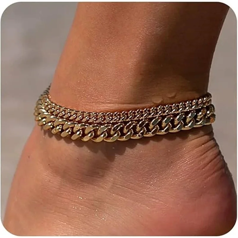 2Pcs Set Aluminum Alloy Ankle Bracelets for Women Golded Anklets for Women Minimalist Cuban Link Anklets Gifts ﻿