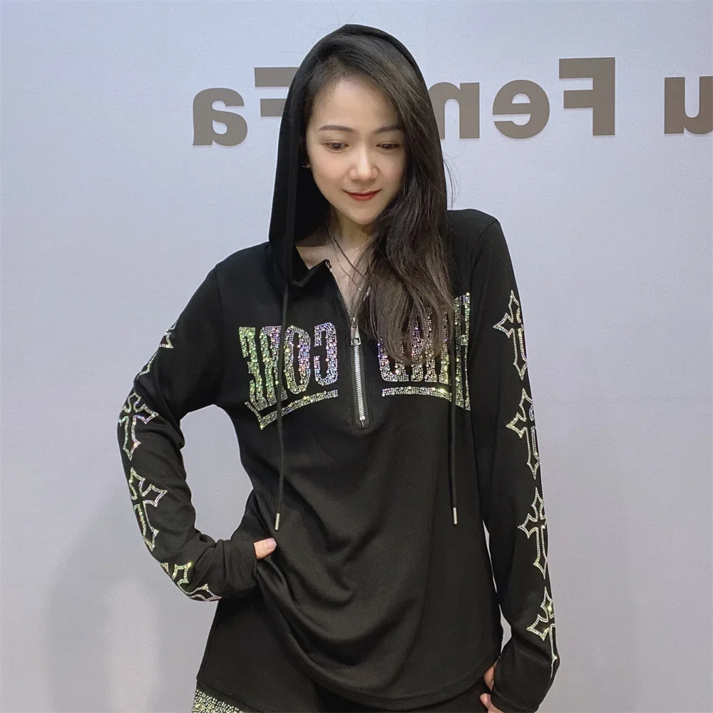 2024 New Autumn Long Sleeve Women Tshirts All-match Hot Drilling Wings Hooded Pullover Top Diamonds Zip Female Bbottom Shirts