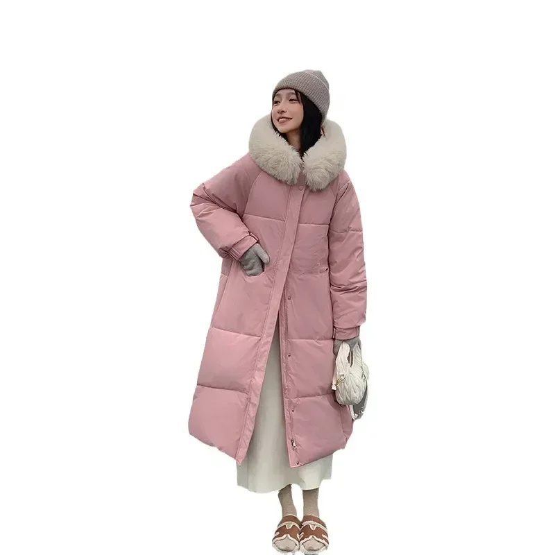 2024 New Down and Cotton Jacket for Women Mid to Long, Knee Length, Large Fur Collar Loose Hooded Jacket