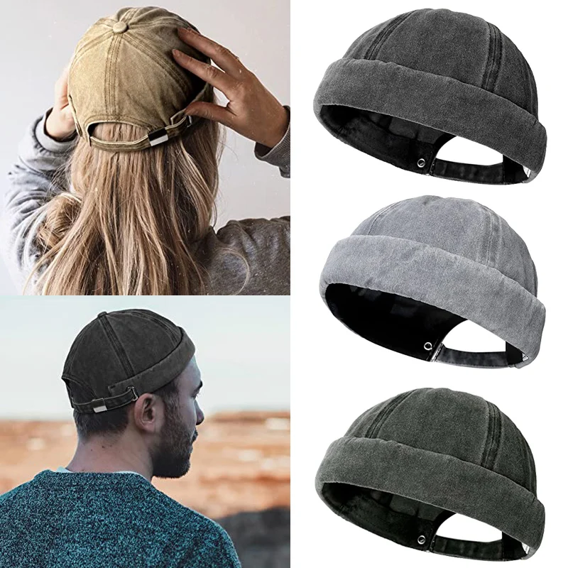 Bonnet sans manches Docker sans pneu, style étudiant masculin, bonnet lavé, Guy dans le port, chapeau à boutons de manchette