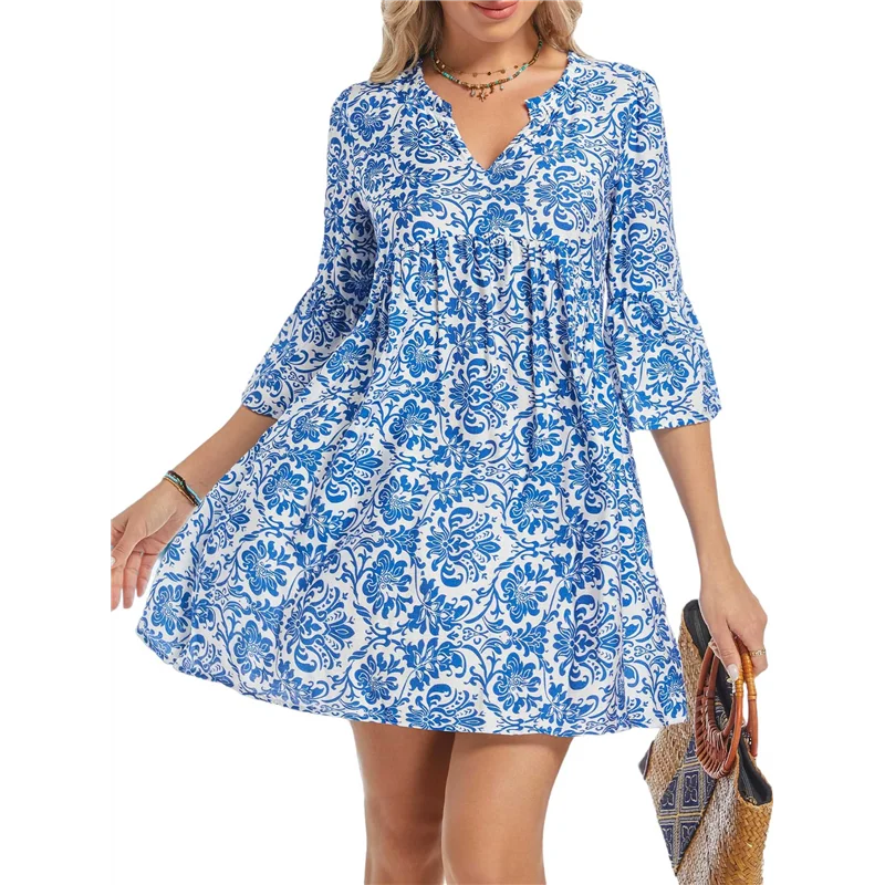 【SEE】 Abito estivo Boho da donna 2025 Abito casual con scollo a V Babydoll con maniche a volant Mini tunica floreale Petite prendisole