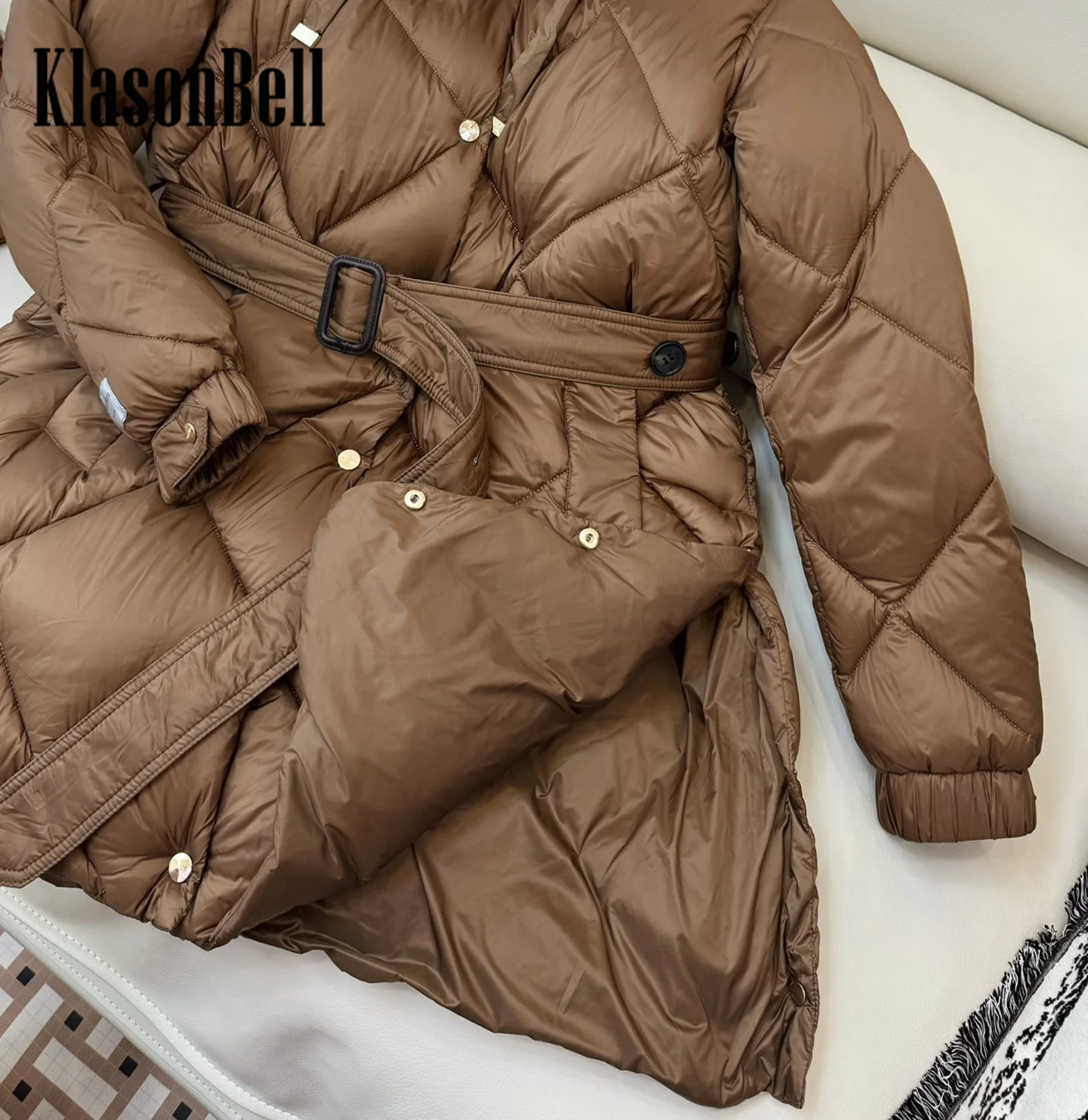 9.5 KlasonBell Women Classic Quilted Argyle Plaid Sashes Goose Down Jacket Autumn Winter Hooded Single Breasted Down Outerwear