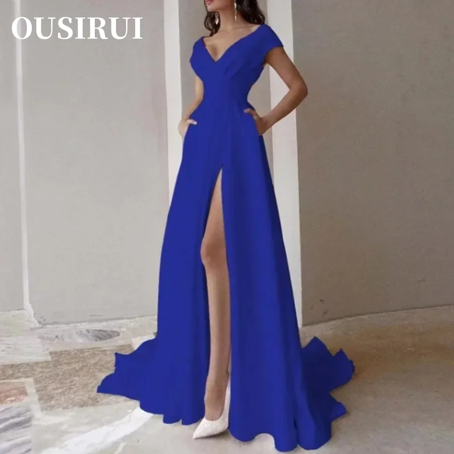 Vestido sem mangas com fenda de cintura alta feminino, Elegante, Vestidos de Festa, Sexy Irregular, Decote V Sólido, Babados, Vestido Longo, Vestidos de Graduação, 2024