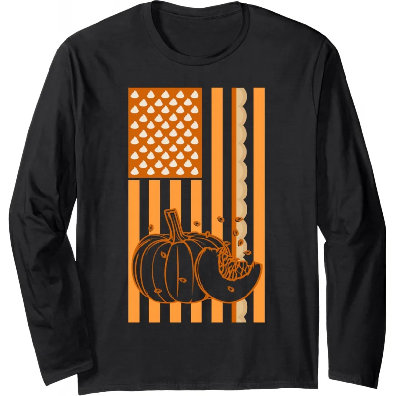 Thanksgiving Pumpkin Pie T-shirt Men's Black Loose Long Sleeve Top