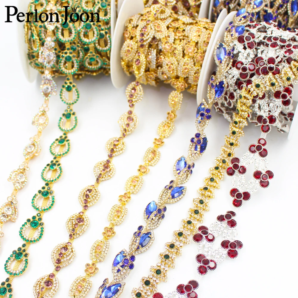 New Gold crystal ribbon colorful applique Rhinestone Trim Chain for women  shoes bags clothing decoration accessories ML183-193