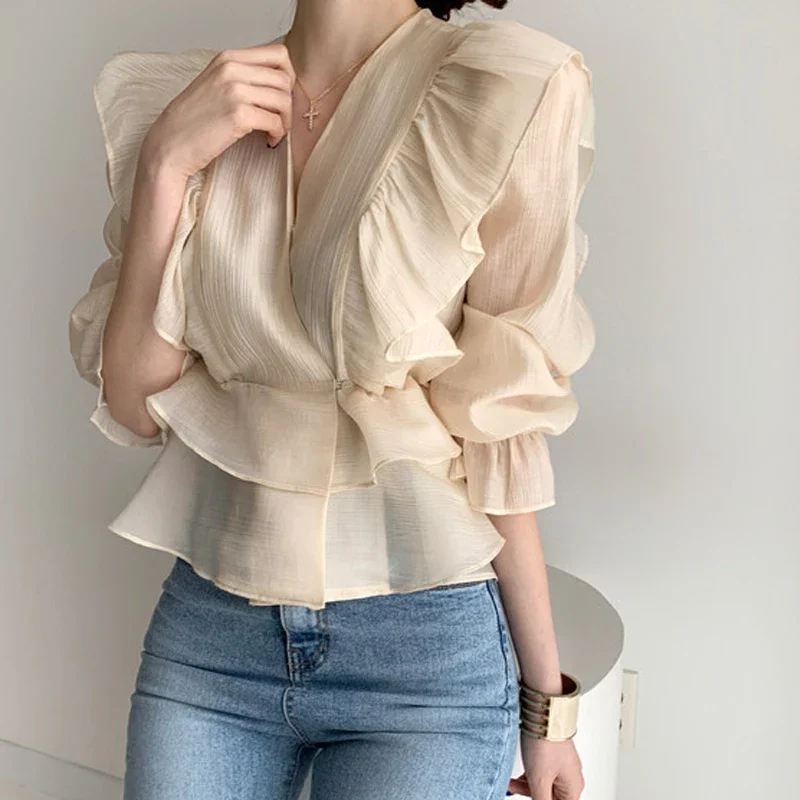 2024 Spring Ruffled V-neck Shirt Fashion Female Vintage Chiffon Blouse Solid Sweet Flare Sleeve Woman\'s Shirt with Apricot 10334