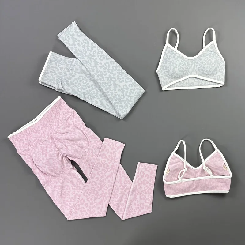 HISTELLO 2Pcs Leopard Yoga Bra Leggings Set Women Butt Lifting Legging Sexy Backless Sports Bra Removable Pad Gym Workout Suit