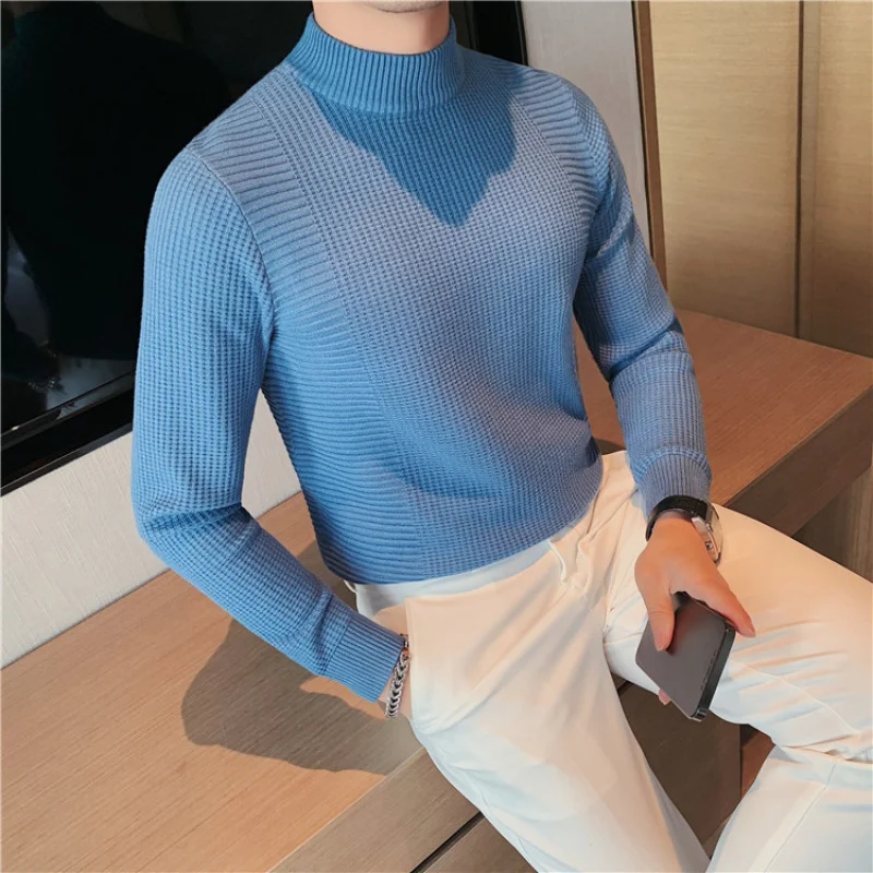 2023 New Autumn and Winter Fashion Simple Half High Neck Thickened Warm Inner Style Casual and Handsome Slim Fit Knitted Sweater