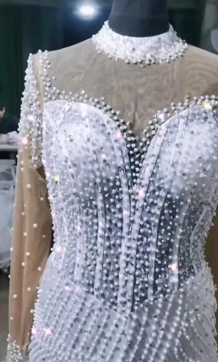 Personalizado ver através de pérolas contas sereia vestidos de casamento vestido de noiva manga cheia babados em cascata vestidos de noiva