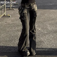 REDDACHiC, pantalones vaqueros Cargo negros de cintura baja, bigotes desgastados de los años 2000, pantalones Bootcut elásticos con múltiples bolsillos, ropa de calle Retro Grunge para mujer