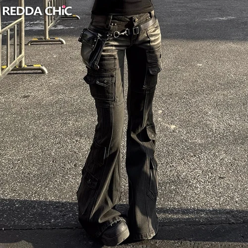 REDDACHiC, pantalones vaqueros Cargo negros de cintura baja, bigotes desgastados de los años 2000, pantalones Bootcut elásticos con múltiples bolsillos, ropa de calle Retro Grunge para mujer