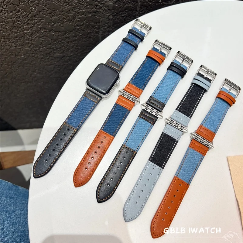 Denim Canvas + Genuine Leather Mixed Color Strap for Apple Watch Series 7/se/6/5/4/3/2/1 (41mm 45mm 42mm 38mm) fashionable