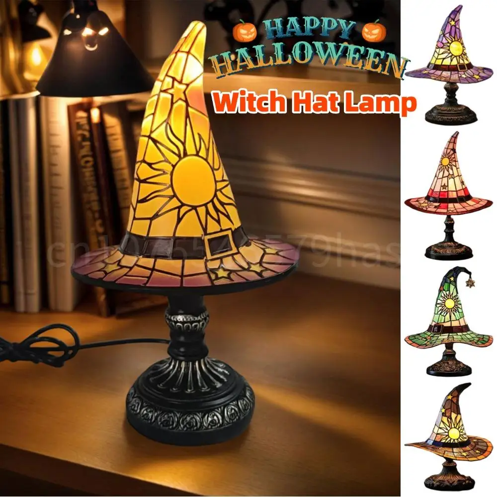 الراتنج الزجاج الملون المطبوعة قبعة الساحرة مصباح USB بالطاقة مصباح طاولة صغير ضوء الليل لغرفة المعيشة غرفة نوم هالوين الديكور #2