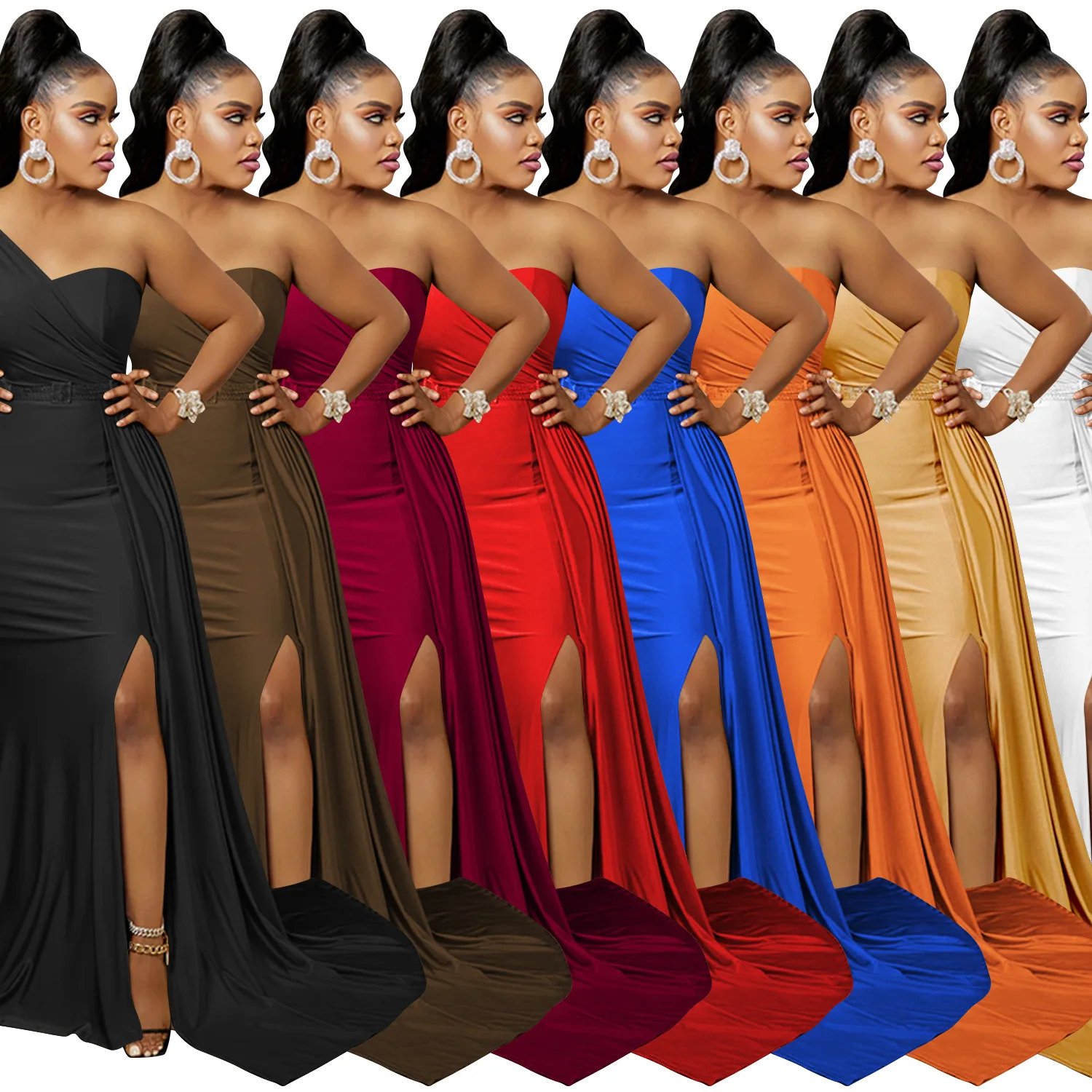 

Fashion solid color party tight shoulder sleeve dress long dress femininity thin high-end luxury clothing new dance costume