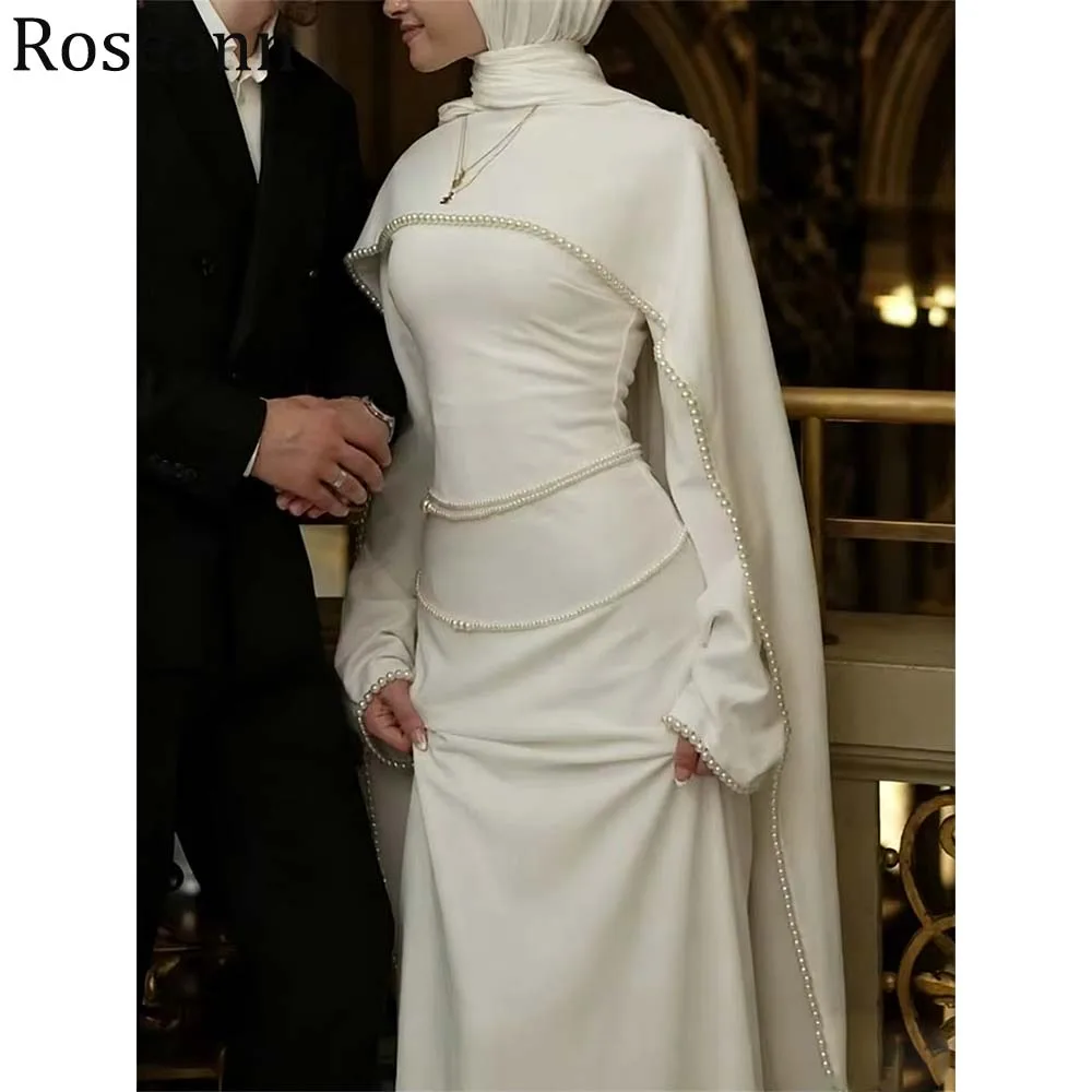 Customized Modest Muslim Wedding Dresses for Brides 2026 Ivory Mermaid Pearls Shawl Long Arabic Bridal Gowns Vestido De Noiva